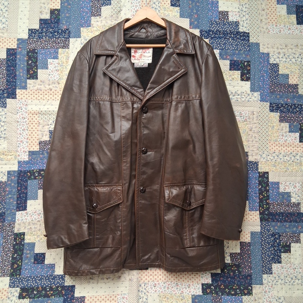 Vintage Wickfield Glove Tanned Leather Car Coat Jacket Mens 46 Brown Lined